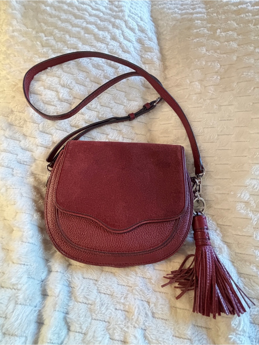 Rebecca Minkoff Burgundy Pebbled Leather Suede Flap Crossbody Tassel